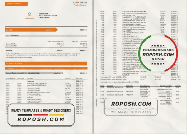 Spain ING Direct bank statement template in Word and PDF format, 3 pages