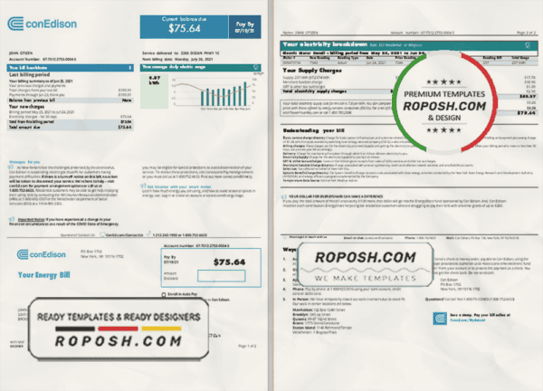 USA Con Edison utility bill template in Word and PDF format, 2 pages (2021 April – present)