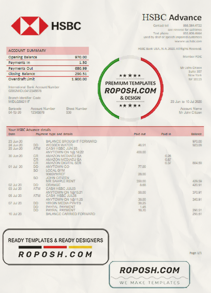 USA HSBC bank statement template in Word and PDF format | roposh