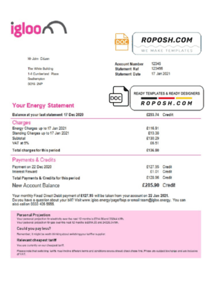United Kingdom Igloo Energy utility bill template in Word and PDF format