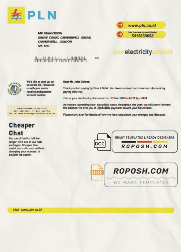 Indonesia PLN electricity utility bill template in Word and PDF format