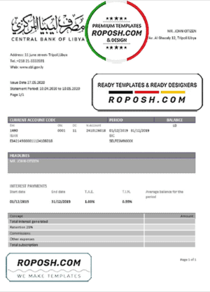 Libya Central Bank of Libya proof of address bank statement template in Word and PDF format (.doc and .pdf)