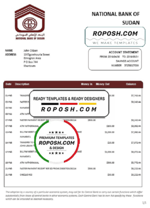 Sudan National Bank of Sudan bank statement template in Word and PDF format