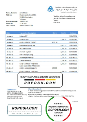 Tajikistan The First MicroFinance (FMFB) Bank statement template in .xls and .pdf file format