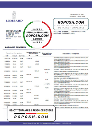 Malta Lombard Bank Malta p.l.c bank statement template in Word and PDF format