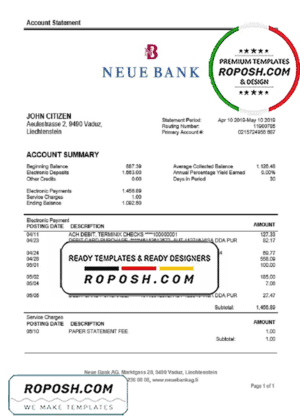 Liechtenstein Neue Bank AG proof of address statement template in Word and PDF format