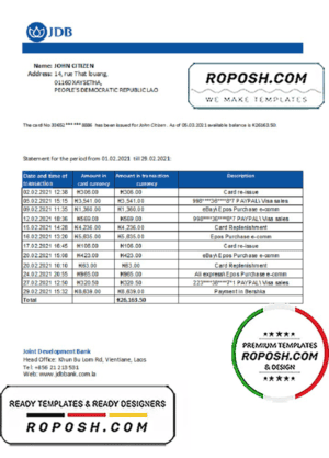 Laos Joint Development Bank (JDB) statement easy to fill template in .xls and .pdf file format