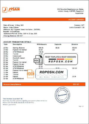 Kazakhstan First Heartland Jusan Bank statement template in Word and PDF format