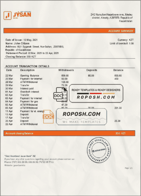 Kazakhstan First Heartland Jusan Bank statement template in Word and PDF format
