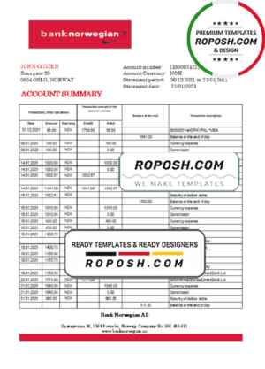 Norway Bank Norwegian AS bank statement easy to fill template in .xls and .pdf file format