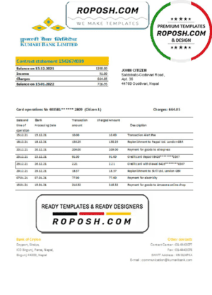 Nepal Kumari Bank statement template in Excel and PDF format