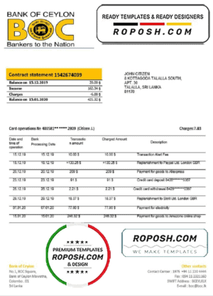 Sri Lanka Bank of Ceylon bank statement template in Word and PDF format, good for address prove