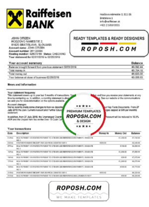 Slovakia Raiffeisen Bank statement template, Word and PDF format (.doc and .pdf)
