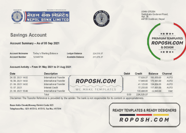 Nepal Bank Nepal bank statement easy to fill template in Excel and PDF format
