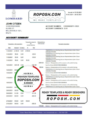 Malta Lombard Bank Malta p.l.c. bank statement easy to fill template in .xls and .pdf file format
