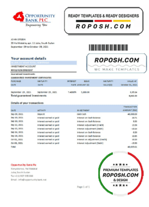 South Sudan Opportunity Bank statement easy to fill template in .xls and .pdf file format