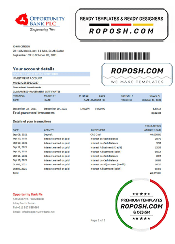South Sudan Opportunity Bank statement easy to fill template in .xls and .pdf file format