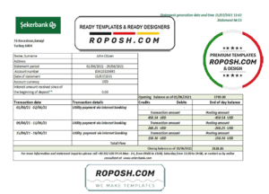 Turkey Sekerbank bank statement template in .doc and .pdf format, fully editable