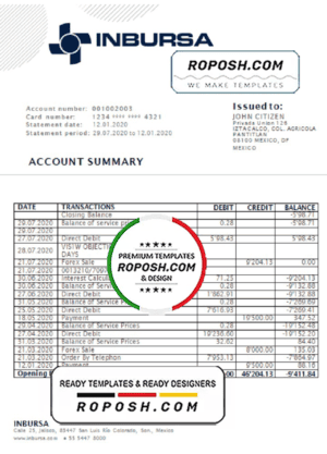 Mexico Inbursa Bank statement template in Word and PDF format, good for address prove