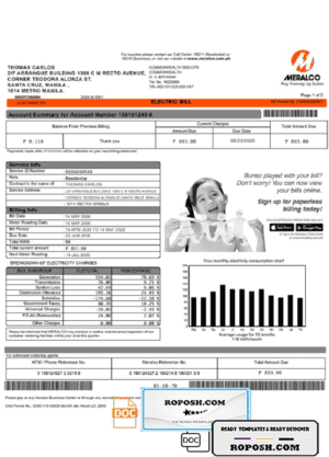 Philippines Meralco electricity utility bill template in Word and PDF format