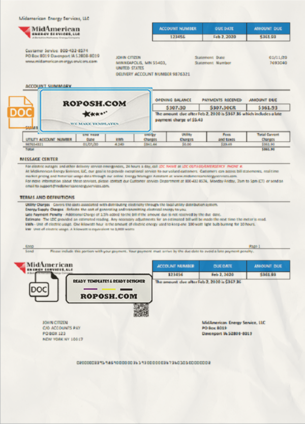 USA Iowa MidAmerican Energy Services utility bill template in Word and PDF format scan effect