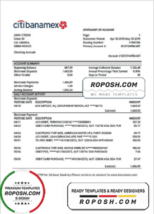 Mexico Citibanamex bank proof of address statement template in Word and PDF format