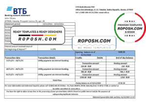 Russia VTB bank statement easy to fill template in .xls and .pdf file format