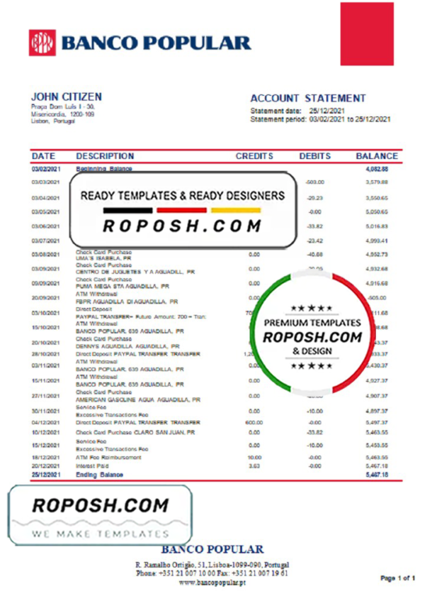 Portugal Banco Popular bank statement in Word and PDF format