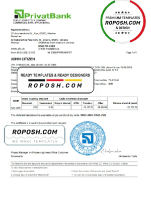 Ukraine Privatbank statement template in Excel and PDF format