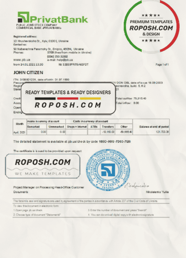 Ukraine Privatbank statement template in Excel and PDF format