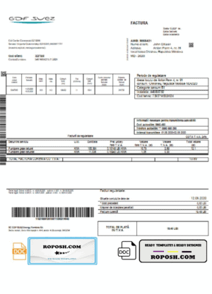 Moldova Gas utility bill template in Word and PDF format