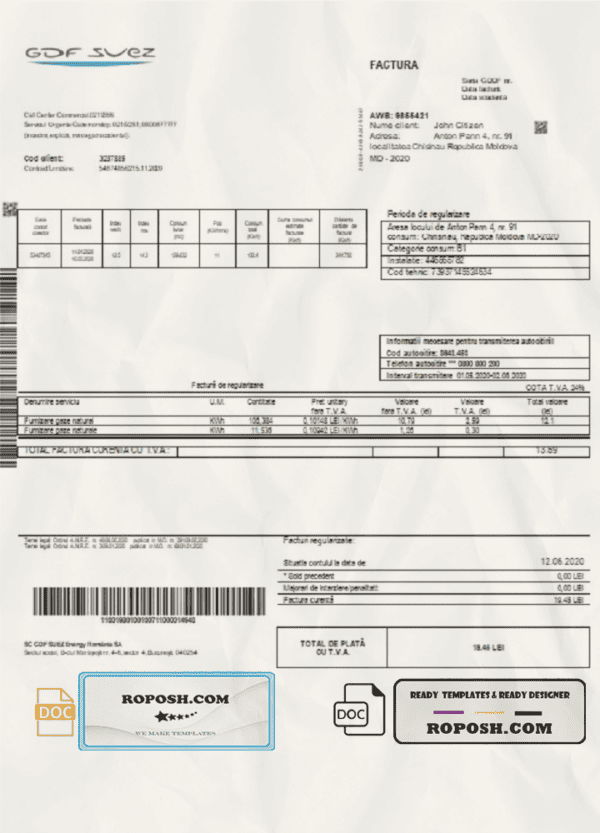 Moldova Gas utility bill template in Word and PDF format