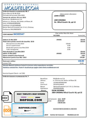 Moldova Moldtelecom utility bill template in Word and PDF format, fully editable