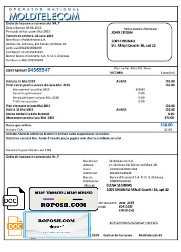Moldova Moldtelecom utility bill template in Word and PDF format, fully editable