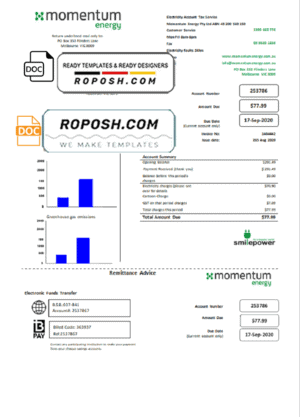 Australia Momentum Energy utility bill template in Word and PDF format