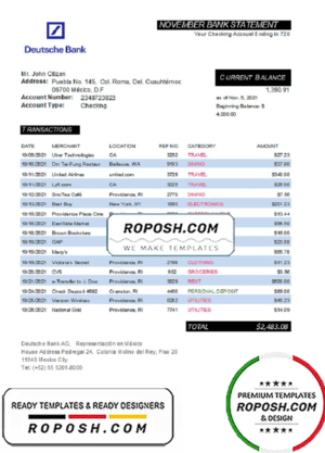 Mexico Deutsche bank statement easy to fill template in Excel and PDF format