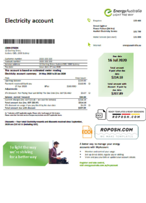 Australia Energy Australia electricity utility bill template in Word and PDF format