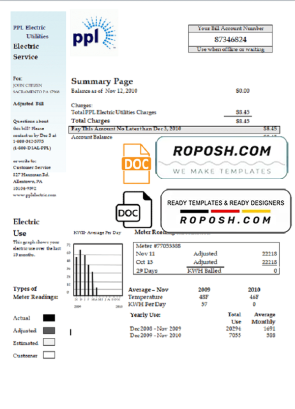 USA Pennsylvania PPL Electric utility bill template in Word and PDF format