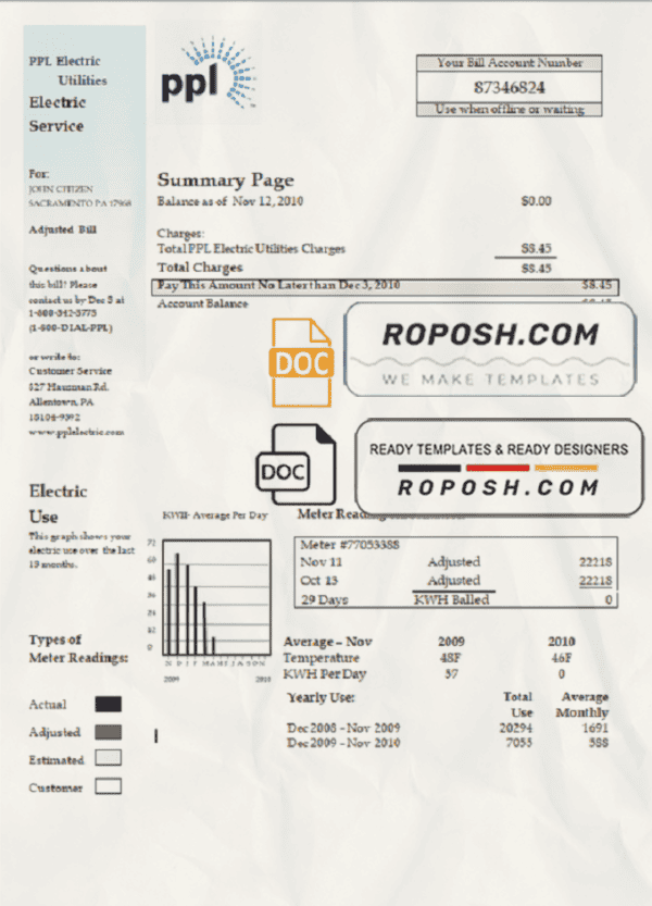 USA Pennsylvania PPL Electric utility bill template in Word and PDF format