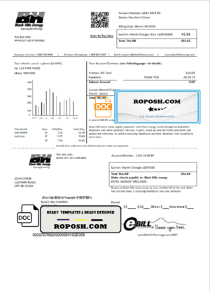 USA South Dakota Black Hills Energy utility bill template in Word and PDF format