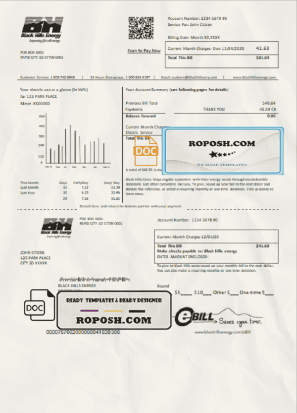 USA South Dakota Black Hills Energy utility bill template in Word and PDF format