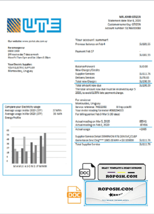 Uruguay UTE Company electricity utility bill template in Word and PDF format