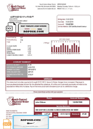 USA North Dakota South Central Regional Water District utility bill template in Word and PDF format