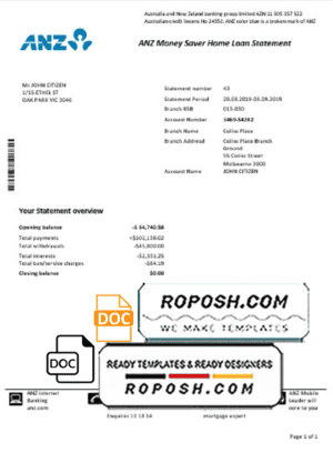 Australia ANZ proof of address bank statement template in Word and PDF format