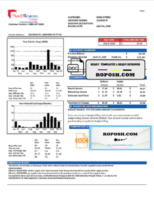 USA NorthWestern Energy utility bill template in Word and PDF format, version 1