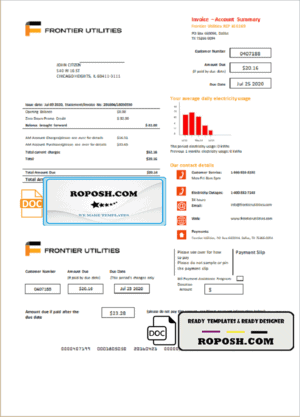 USA Texas Frontier Utilities utility bill template in Word and PDF format