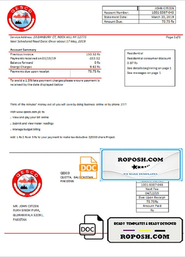 Pakistan Quetta Electric Supply Company electricity utility bill template in Word and PDF format