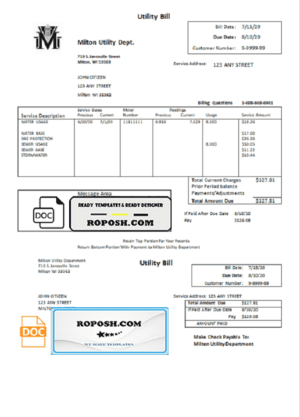 USA Massachusetts Milton Utility Dept water utility bill template in Word and PDF format