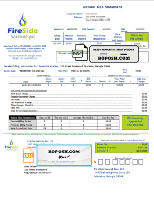 USA California FireSide natural gas utility bill template in Word and PDF format