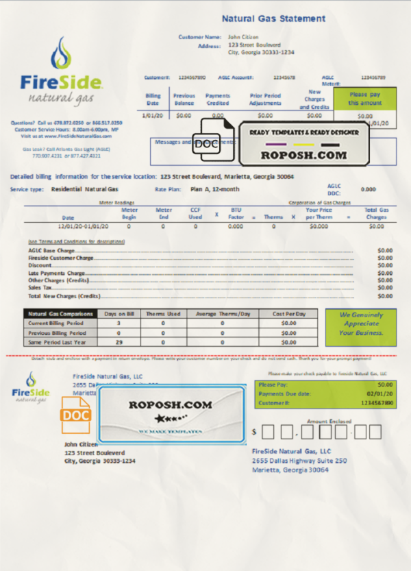 USA California FireSide natural gas utility bill template in Word and PDF format scan effect